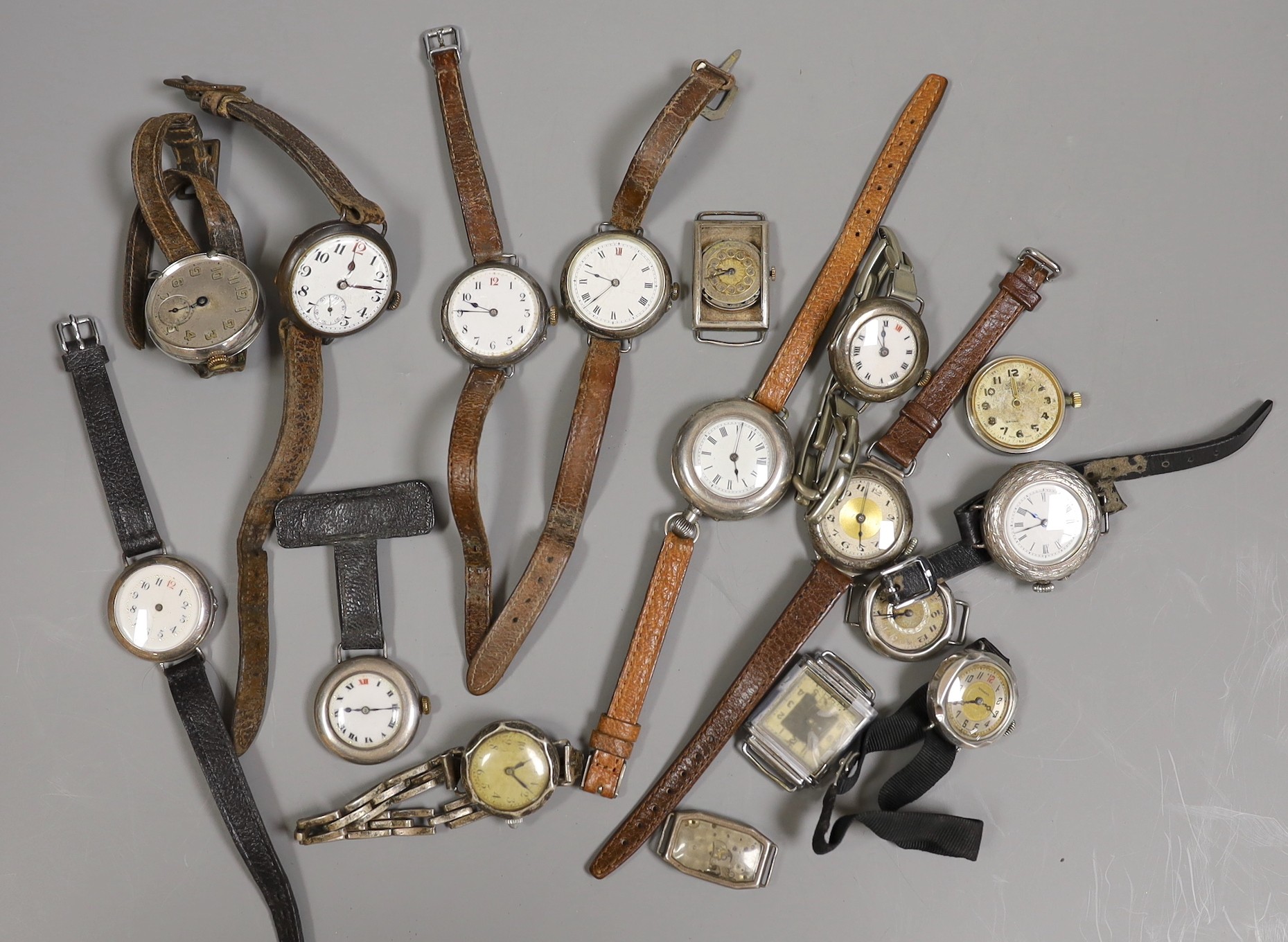 A small collection of ten assorted early 20th century wrist watches including trench style and seven other wrist watches (a.f.).